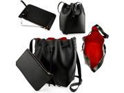 Oct17 Black Women Fashion Handbag Faux Leather Bucket Bag Tote Shoulder Satchel Cross Body Retro drawstring closure Crossbody Purse w small pouch