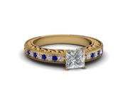 3 4 Ct Princess Cut Diamond And Blue Sapphire Engraved Pave Set Engagement Ring G Color SI1 Clarity