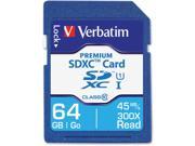 Verbatim 64GB Premium SDXC Memory Card UHS I Class 10 TAA Compliant Class 10 UHS I U1 45 MB s Read1 Pack 300x Memory Speed
