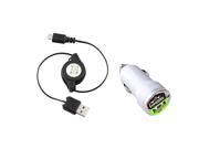 eForCity White Dual USB Mini Car Charger Adapter Retractable Micro USB Cable Compatible with Samsung© Galaxy Note II Note 2 N7100