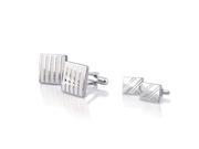 eForCity 2 Pcs White Rectangle Silver Square Diagonal Ribbed Cufflinks Cuff Links