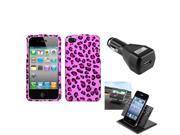 eForCity Car Charger Holder Pink Leopard Skin Phone Case Cover compatible with Apple® iPhone 4S 4