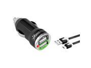 eForCity Micro USB Chargers Kit for Cell Tablet 2 Port Car Charger Adapter 3FT Noodle Cable Black