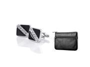 Zodaca Black Genuine Leather Coin Bag Zipper Wallet Keys Card Holder w Black and Silver w 6 Rhinestones Cufflinks