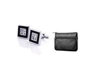 Zodaca Black Genuine Leather Coin Bag Zipper Wallet Keys Card Holder w Black Silver Square with 4 Jewels Cufflink