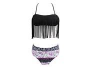 Zodaca Women Halter Bathingsuit Swimsuit Fringed Padded Bikini Swimsuit Size M Black Floral