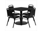 36 Square Black Laminate Table Set with 4 Black Trapezoidal Back Banquet Chairs
