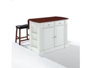 Crosley Drop Leaf Breakfast Bar Top Kitchen Island in White w 24 Cherry Upholstered Saddle Stools
