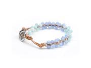 Wrap Bracelet with Faceted Blue Jade Aquamarine Beads on Genuine Khaki Leather Strip Adjustale 7.5 9.5