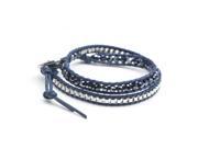 Faceted Blue Glass Beads Genuine Leather Double Wrap Bracelet