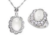 JA ME 10ct Moon Stone and H A CZ Pendant with 18 Chain. 7ct Moon Stone and H A CZ free size Ring.Rhodium Plated.