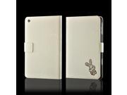 White w Silver Gem Bunny Faux Leather Diary Flip Case w Pebbled Texture ID Slots for Apple iPad Mini