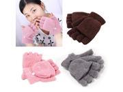 [Pink] Fleece Flip Mittens Fingerless Gloves For Women