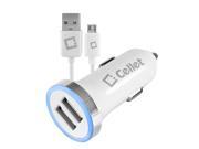 Cellet White High Power 2.4A Dual USB Port Car Charger with Micro USB Cable