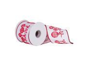 4 x 10 yd Red Hang Ornament Print White Dupion Christmas Wired Ribbon
