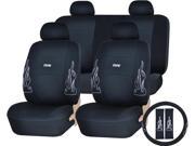 Solid Black Flames Front Rear Seat Covers Steering Wheel Cover 13pc Set Universal