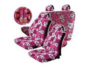 11PC Pink Polyester Hawaiin Print Low Back Seat Covers Combo Steering Wheel Cover Set Universal