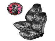 5PC Snow Gray Leopard Animal Print Front High Back Seat Covers Steering Wheel Cover Set Universal
