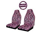 Pink Black Zebra Animal Print Front High Back Seat Covers Steering Wheel Cover 5pc Set Universal