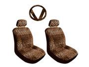 7PC Tan Leopard Animal Print Front Low Back Seat Covers Steering Wheel Cover Set Universal