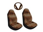 5PC Tan Leopard Animal Print Front High Back Seat Covers Steering Wheel Cover Set Univesal