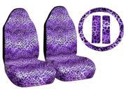5PC Purple Leopard Animal Print Front High Back Seat Covers Steering Wheel Cover Set Universal