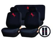 11PC Red Pony Mustang Horse Logo Black Front Rear Seat Covers Steering Wheel Cover Set Universal