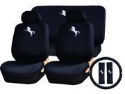 11PC White Pony Mustang Horse Logo Front Rear Seat Covers Steering Wheel Cover Set Universal