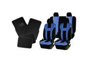 Double Stitched Blue Polyester Front Rear Seat Covers Black Carpet Floor Mats Universal Set
