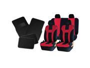Double Stitched Red Polyester Front Rear Seat Covers Black Carpet Floor Mats Universal Set
