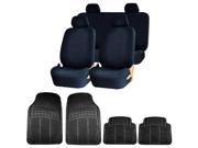 Double Stitched Black Polyester Front Rear Seat Covers 4pc Black Rubber Floor Mats Universal Set