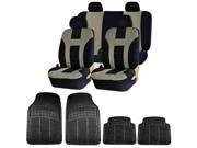 Double Stitched Beige Polyester Front Rear Seat Covers 4pc Black Rubber Floor Mats Universal Set