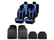 Double Stitched Blue Polyester Front Rear Seat Covers 4pc Black Rubber Floor Mats Universal Set