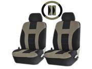 Double Stitched Racing Beige Black Polyester Universal Auto Seat Covers Steering Seatbelt Pads Set