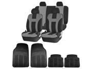 Double Stitched Gray Polyester Front Rear Seat Covers 4pc Black Rubber Floor Mats Universal Set
