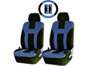 Double Stitched Racing Blue Black Polyester Universal Auto Seat Covers Steering Seatbelt Pads Set