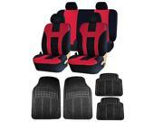 Double Stitched Red Polyester Front Rear Seat Covers 4pc Black Rubber Floor Mats Universal Set
