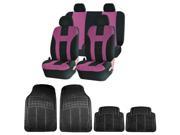 Double Stitched Pink Polyester Front Rear Seat Covers 4pc Black Rubber Floor Mats Universal Set
