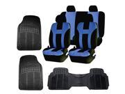 Double Stitched Black Polyester Front Rear Seat Covers 3pc Black Rubber Floor Mats Universal Set