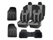 Double Stitched Gray Polyester Front Rear Seat Covers 3pc Black Rubber Floor Mats Universal Set