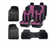Double Stitched Pink Polyester Front Rear Seat Covers 3pc Black Rubber Floor Mats Universal Set