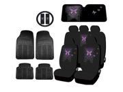 New Mystical Butterfly Design Microfiber Seat Covers 4pc Black Carpet Mats Set Universal
