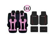 New Pink Black DBL Stitch Seat Covers 4pc Dodge Elite Black Floor Mats Set Universal