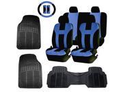 Double Stitched Blue Polyester Seat Covers Combo 3pc Black Rubber Floor Mats Steering Universal Set