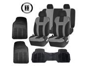 Double Stitched Gray Polyester Seat Covers Combo 3pc Black Rubber Floor Mats Steering Universal Set