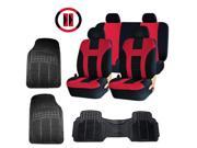 Double Stitched Red Polyester Seat Covers Combo 3pc Black Rubber Floor Mats Steering Universal Set