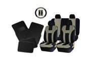 Double Stitched Beige Polyester Seat Covers Combo Black Carpet Floor Mats Steering Universal Set