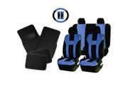 Double Stitched Blue Polyester Seat Covers Combo Black Carpet Floor Mats Steering Universal Set