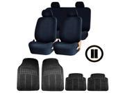 Double Stitched Black Polyester Seat Covers Combo 4pc Black Rubber Floor Mats Steering Universal Set