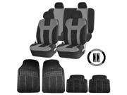Double Stitched Gray Polyester Seat Covers Combo 4pc Black Rubber Floor Mats Steering Universal Set